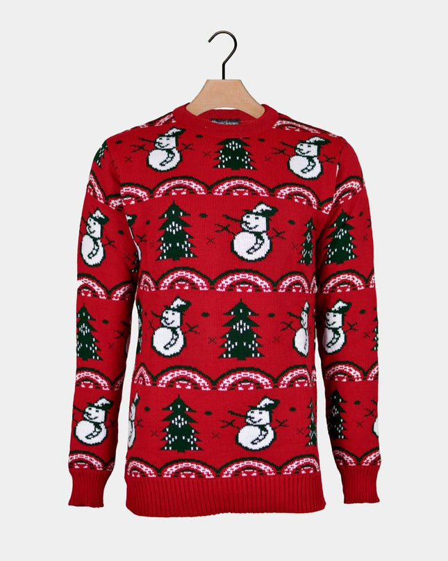Couple's Christmas Sweater Red with Trees and Snowmen