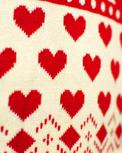 Organic Cotton Beige Christmas Sweater for Couples with Red Hearts