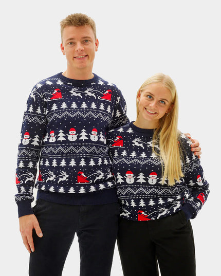 Blue Couple Christmas Sweater with Trees, Snowmen, and Santa in Organic Cotton