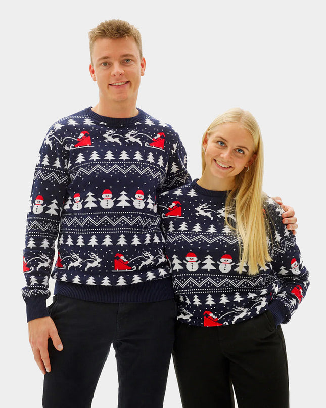 Blue Christmas Sweater for Women with Trees, Snowmen, and Santa