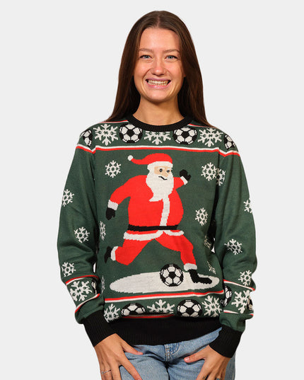 Green Santa Playing Soccer Christmas Sweater