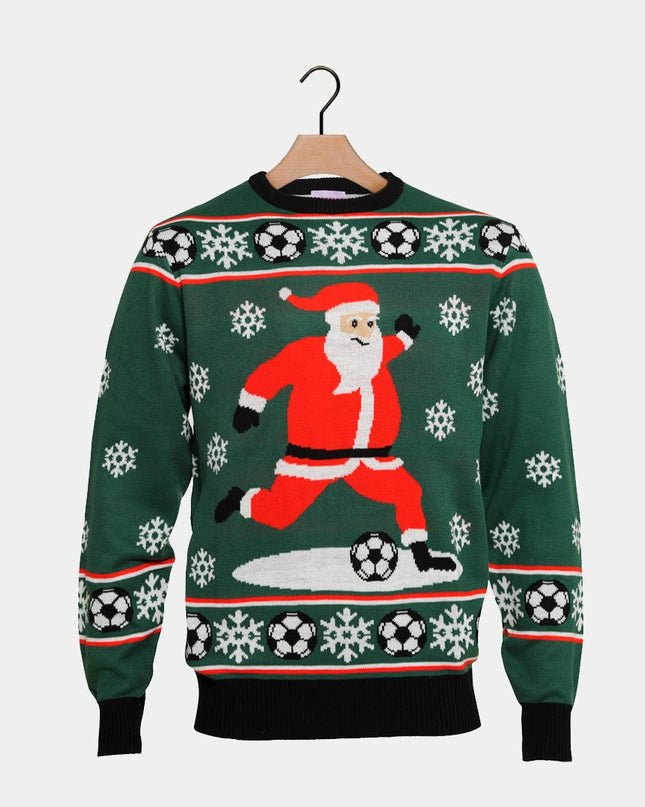 Green Santa Playing Soccer Christmas Sweater