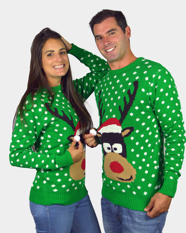 3D Green Christmas Hat Reindeer Couples Sweater