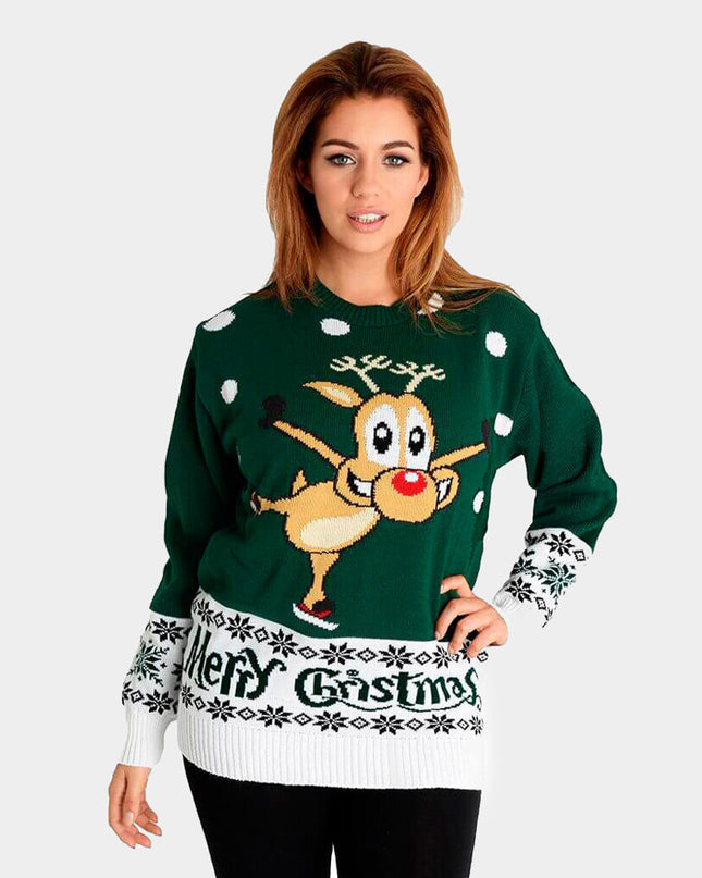 Green Christmas Sweater for Couples with Skating Reindeer