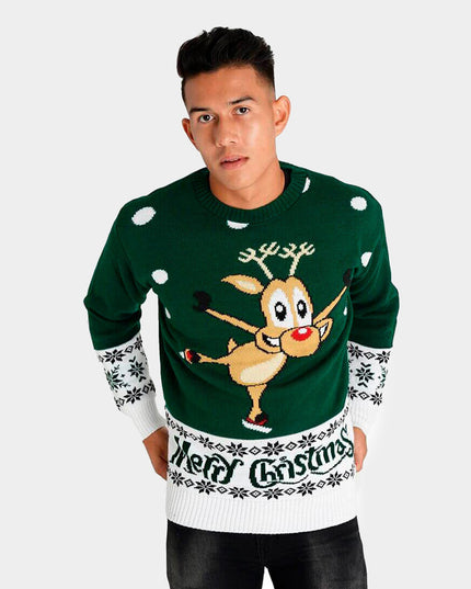 Green Sweater with Skating Reindeer Couple