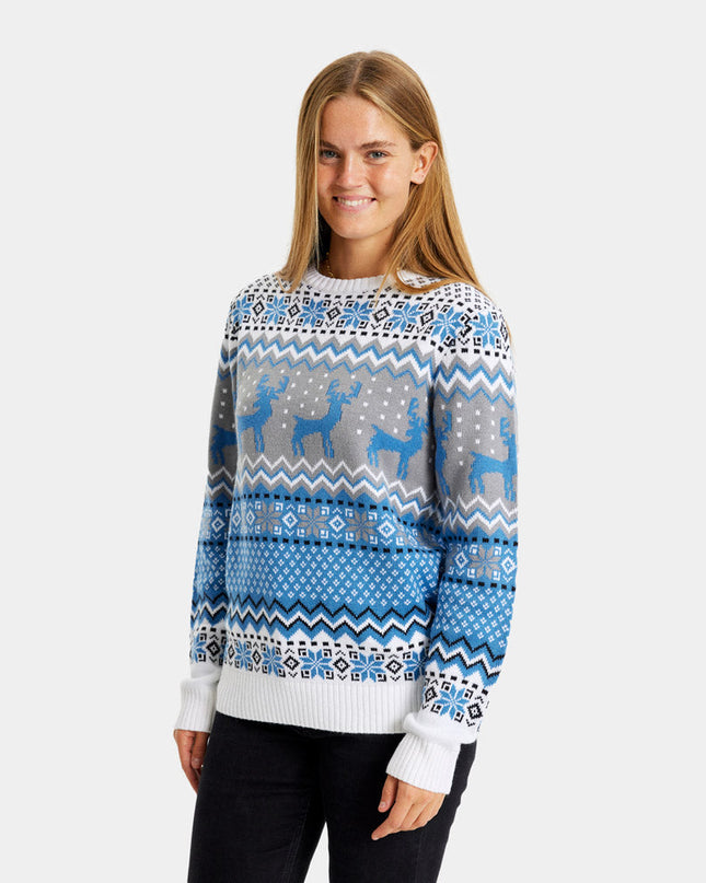 Women's Chic White, Gray, and Blue Christmas Sweater with Reindeer