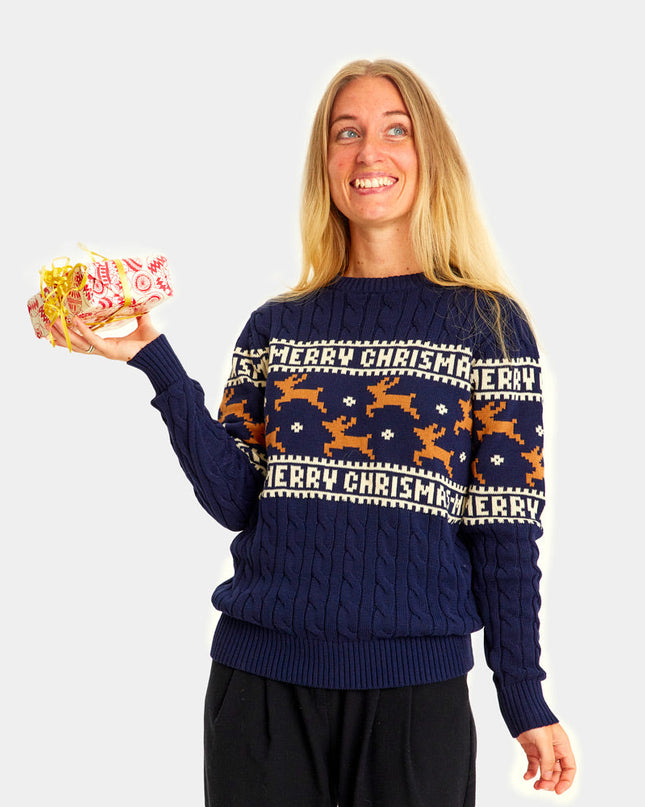 Women's Chic Blue Christmas Sweater with Reindeer