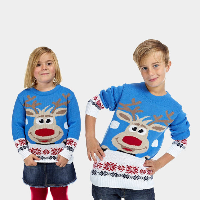 Light Blue Christmas Sweater for Kids with Reindeer and Snow