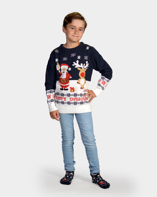Blue Christmas Sweater for Kids with Santa and Rudolph