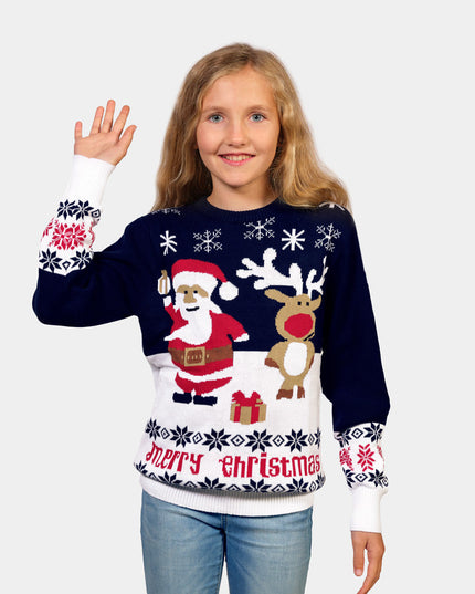 Kids Organic Cotton Sweater Blue Santa and Rudolph