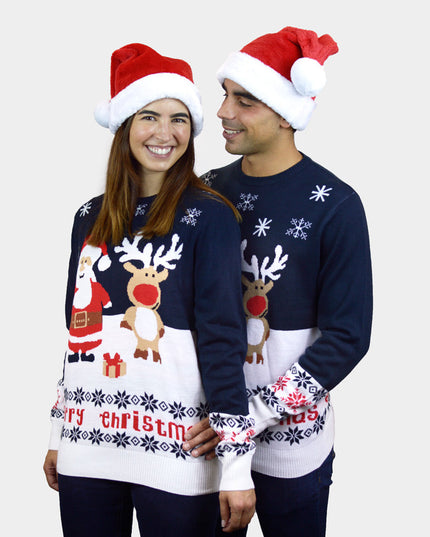 Kids Organic Cotton Sweater Blue Santa and Rudolph