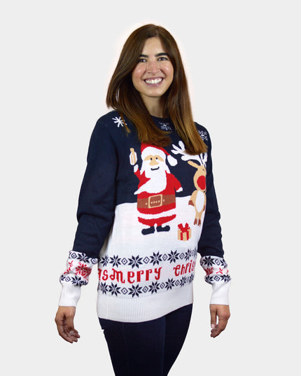 Kids Organic Cotton Sweater Blue Santa and Rudolph