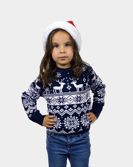 Kids Christmas Sweater Blue with Reindeer and Nordic Stars