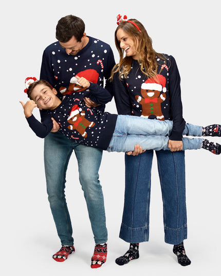 Blue Christmas Sweater for Kids with Gingerbread Design