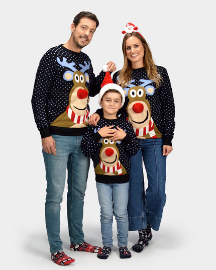 Kids Christmas Sweater Blue Reindeer with 3D Nose