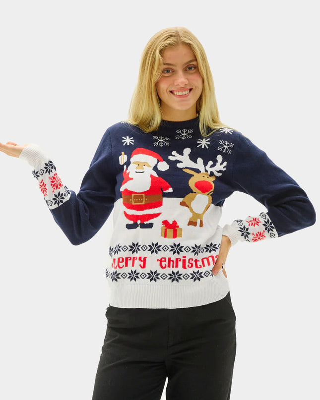 Blue Christmas Sweater for Kids with Santa and Rudolph