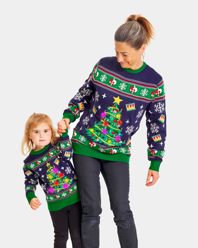 Blue LED Lighted Christmas Sweater for Kids with Christmas Tree