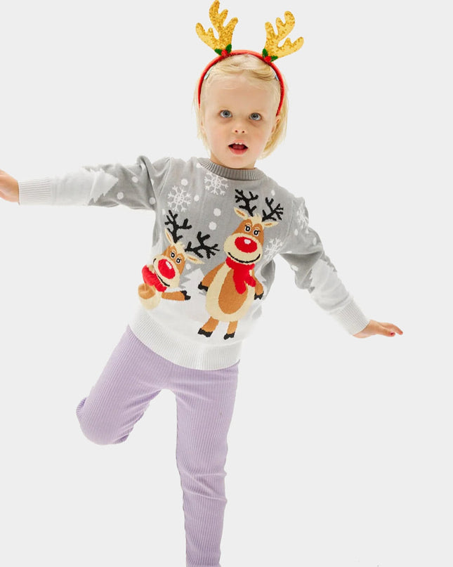 Gray Christmas Sweater for Kids with Cute Reindeer