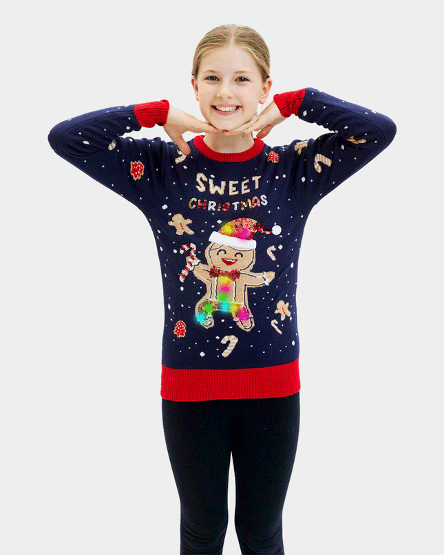 Kids Christmas Sweater Blue with Light-Up Gingerbread