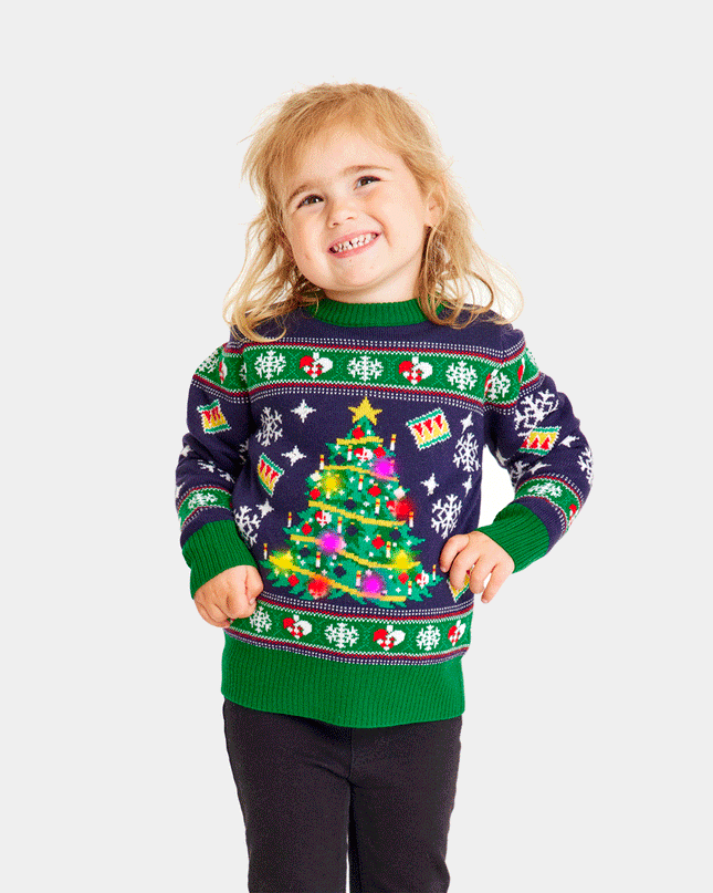 Blue LED Lighted Christmas Sweater for Kids with Christmas Tree