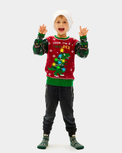 Kids Christmas Sweater LED Light-Up Christmas Tree-Rex