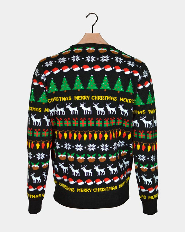 Black Christmas Sweater for Kids with Trees and Gifts