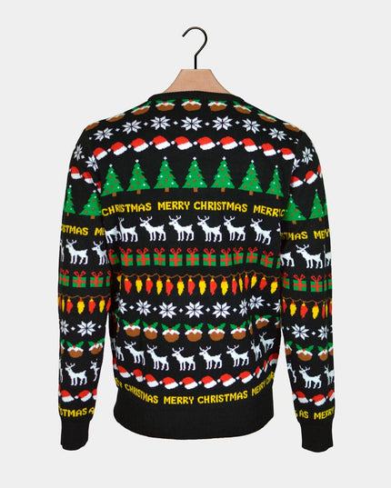 Black Christmas Sweater for Kids with Trees, Reindeer, and Gifts