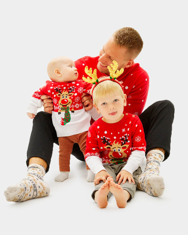 Kids Christmas Sweater with Reindeer and Scarf Design