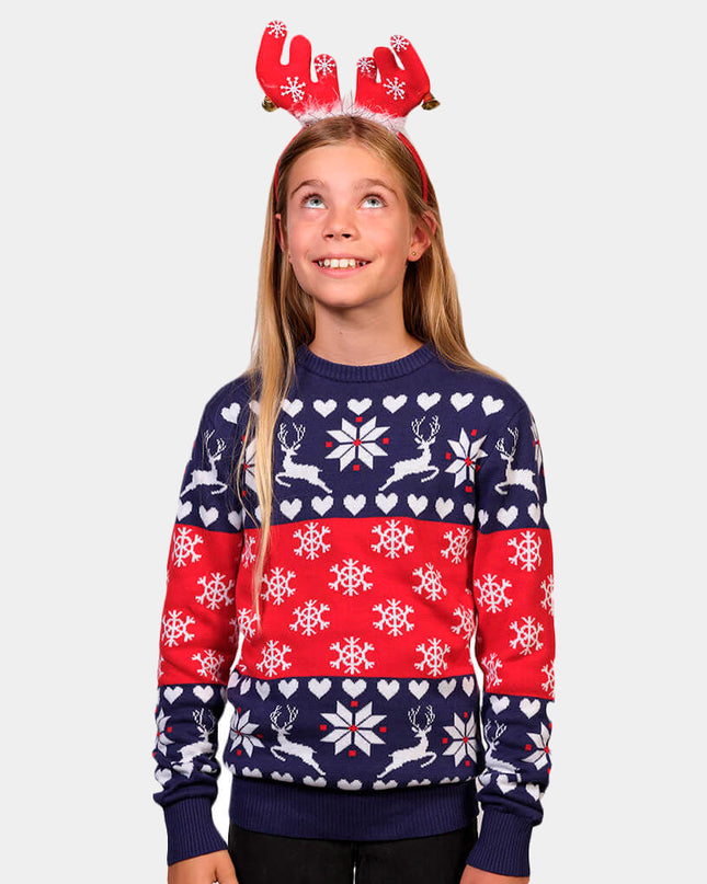 Blue and Red Christmas Sweater for Kids with Reindeer