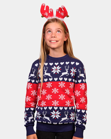 Women's Christmas Sweater with Blue and Red Reindeer and Hearts