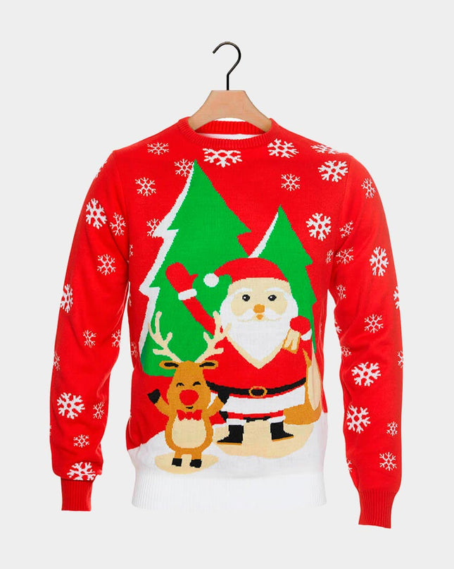 Kids Christmas Sweater with Santa and Reindeer Waving