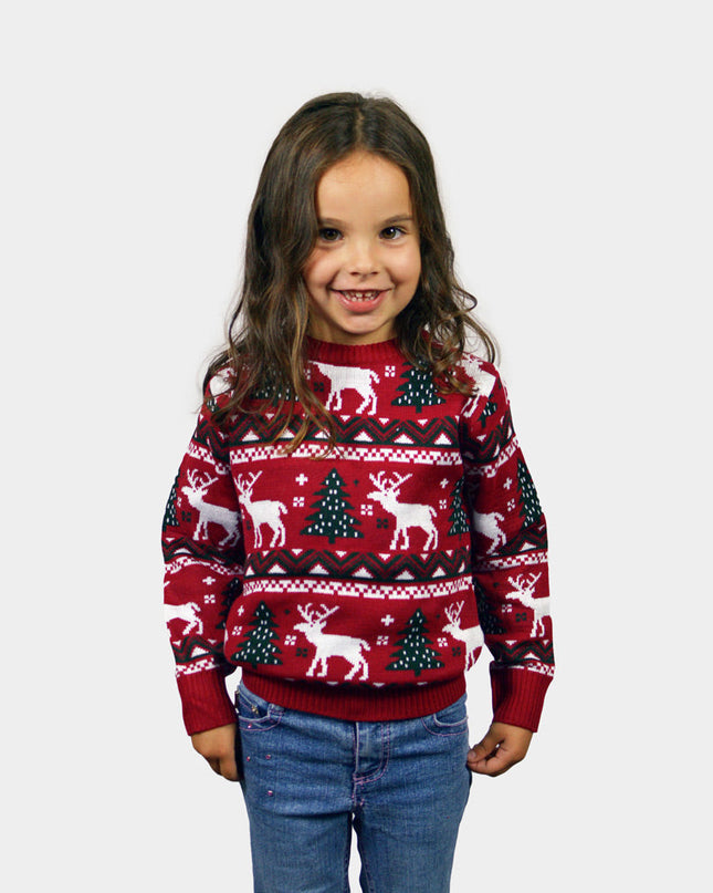 Kids Christmas Sweater Red with Christmas Trees and Reindeer
