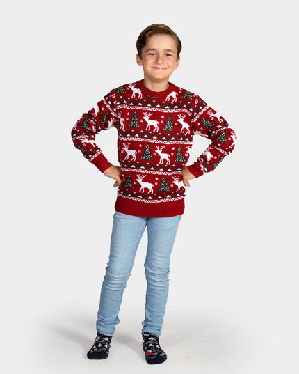 Red Christmas Sweater for Kids with Trees and Reindeer