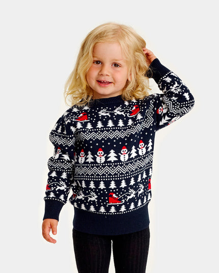 Kids Organic Cotton Sweater Blue with Trees and Santa