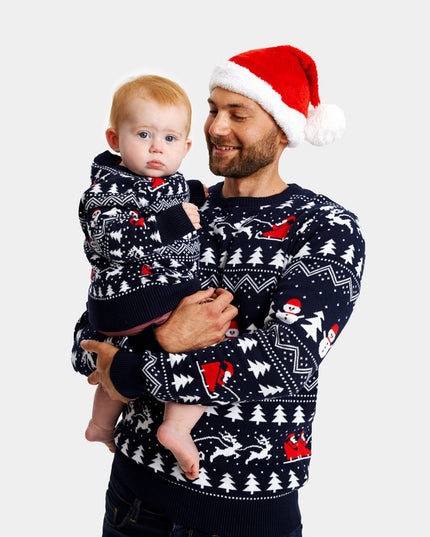 Kids Christmas Sweater Blue with Trees and Santa