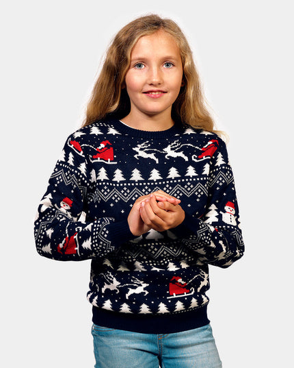 Kids Christmas Sweater Blue with Trees and Santa