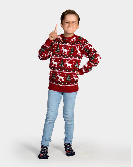 Kids Christmas Sweater Red with Christmas Trees and Reindeer