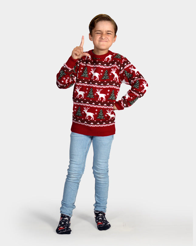 Kids Christmas Sweater Red with Christmas Trees and Reindeer