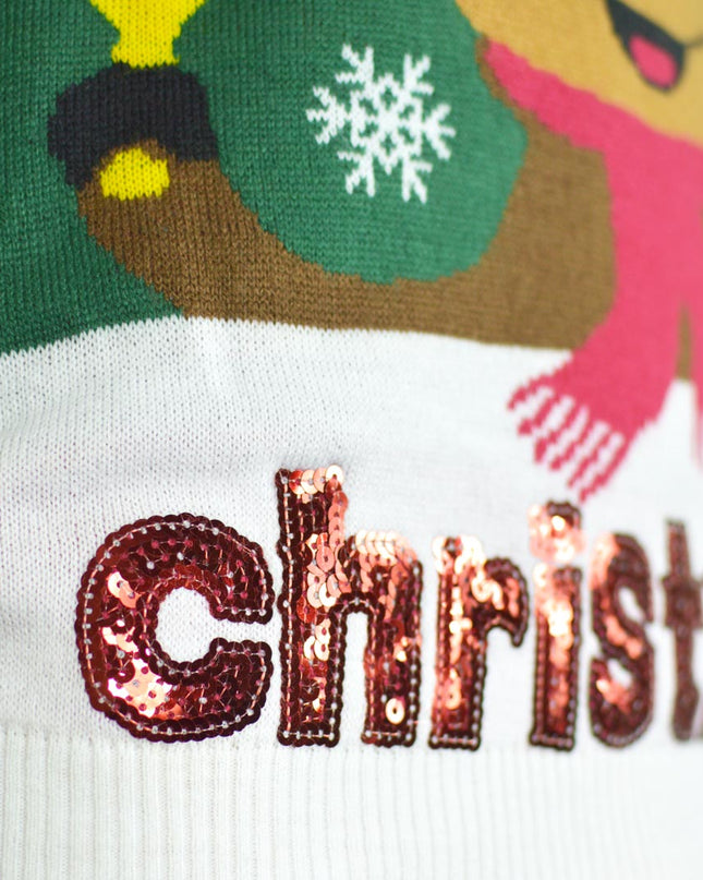 Green Christmas Sweater for Kids with Holly Jolly Sequins