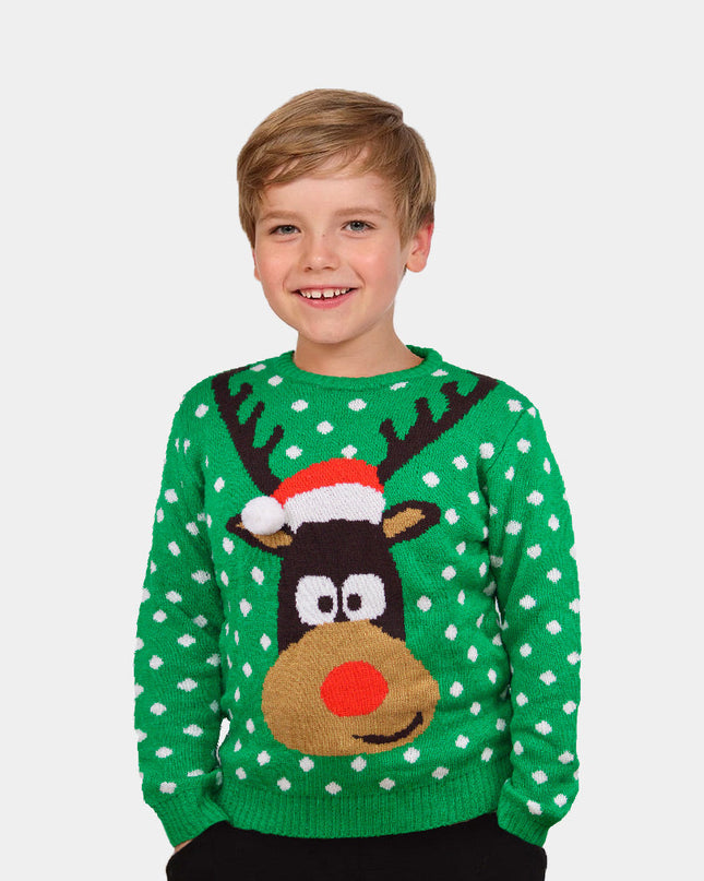 Kids Christmas Sweater Green with 3D Santa Hat