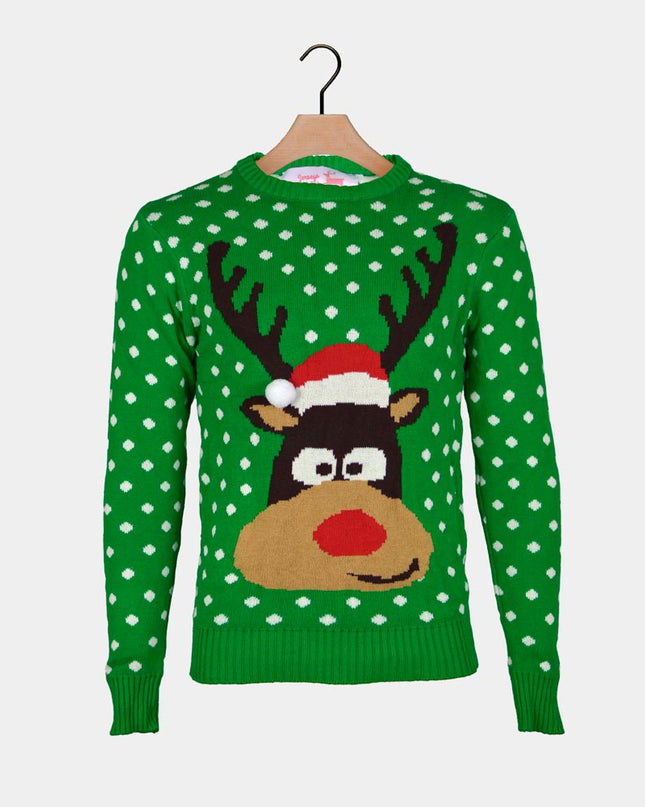Green Christmas Sweater for Kids with 3D Reindeer Hat