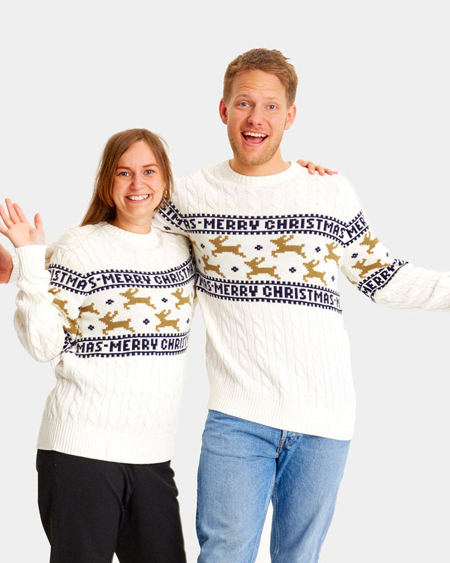 Chic White Family Christmas Sweater with Reindeer in Cotton