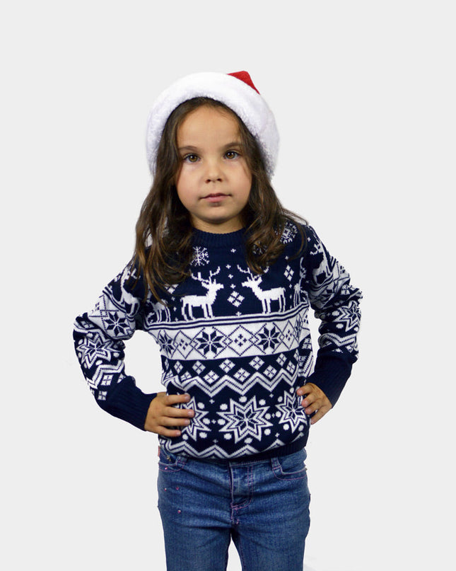 Blue Christmas Sweater for Family with Reindeer and Nordic Stars