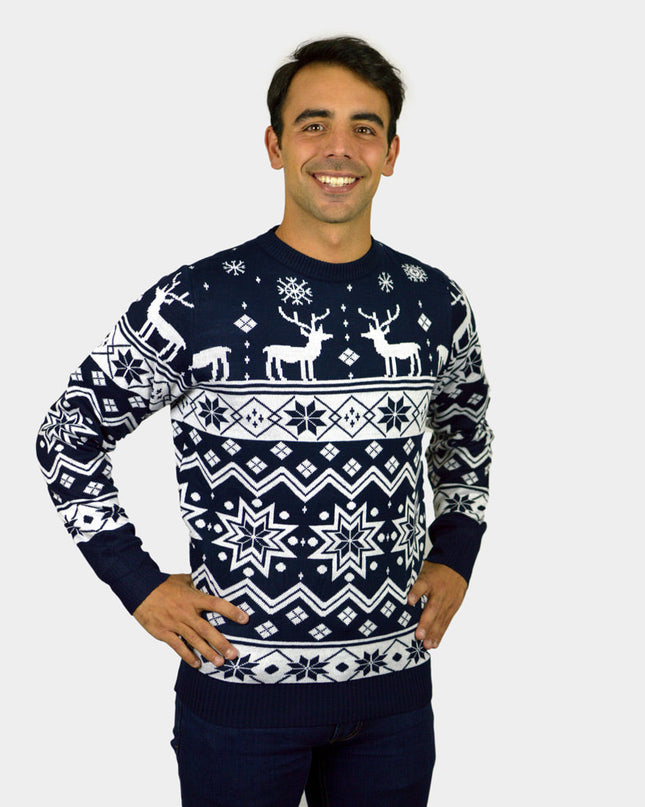 Blue Christmas Sweater for Family with Reindeer and Nordic Stars