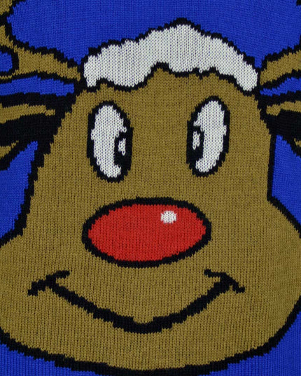 Christmas Sweater for Family Blue with Smiling Reindeer