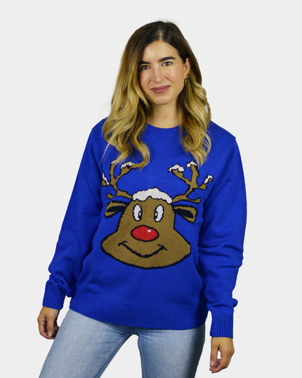 Christmas Sweater for Family Blue with Smiling Reindeer
