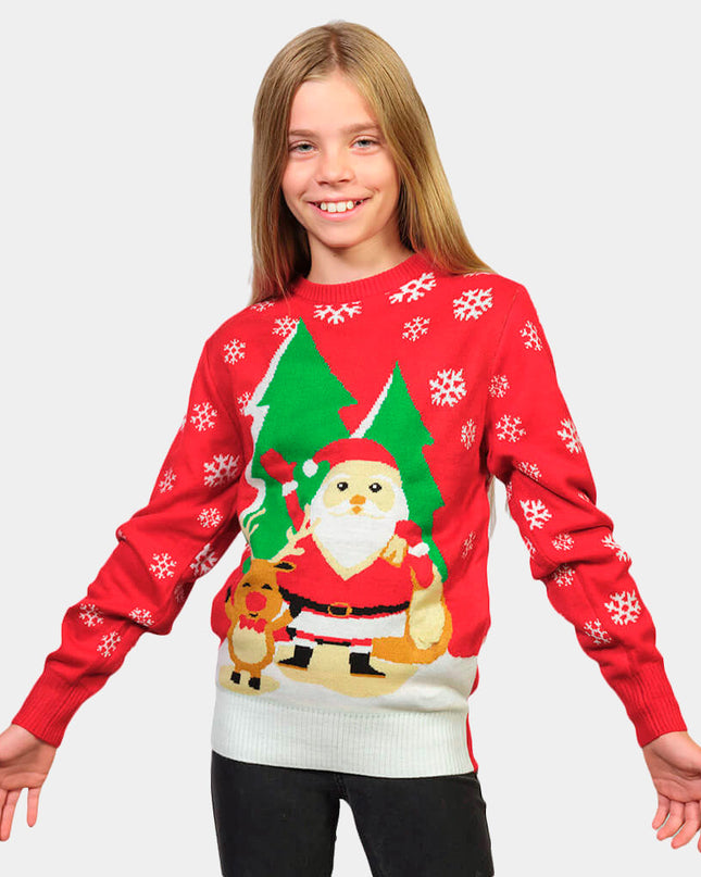 Red Christmas Sweater for Family with Santa and Reindeer