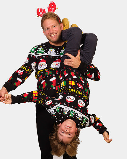 Family Christmas Sweater with Santa, Gifts, and Snowmen
