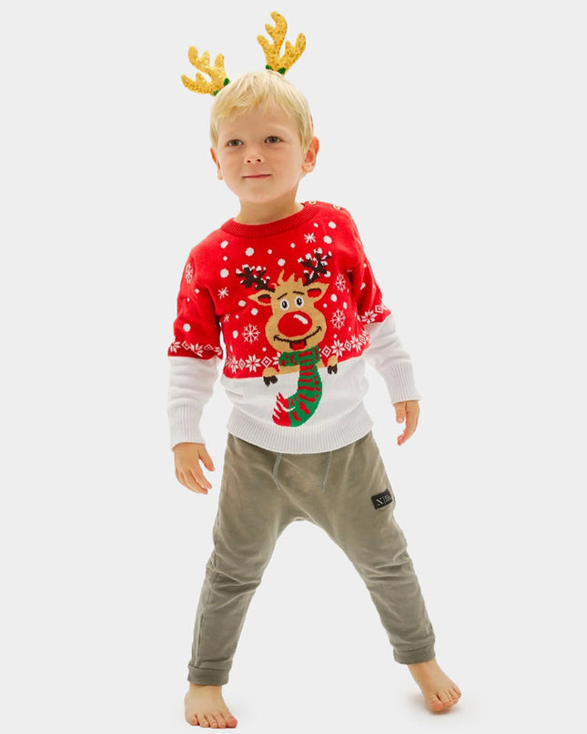 Family Christmas Sweater with Reindeer and Scarf in Organic Cotton