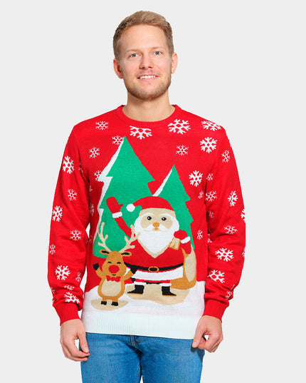 Red Christmas Sweater for Family with Santa and Reindeer